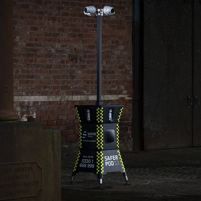 Safer POD S3 with CCTV mast inside a dark warehouse