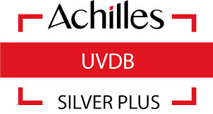 Achilles UVDB Silver Plus certification logo, featuring the word "Achilles" in black above a red banner reading "UVDB SILVER PLUS".