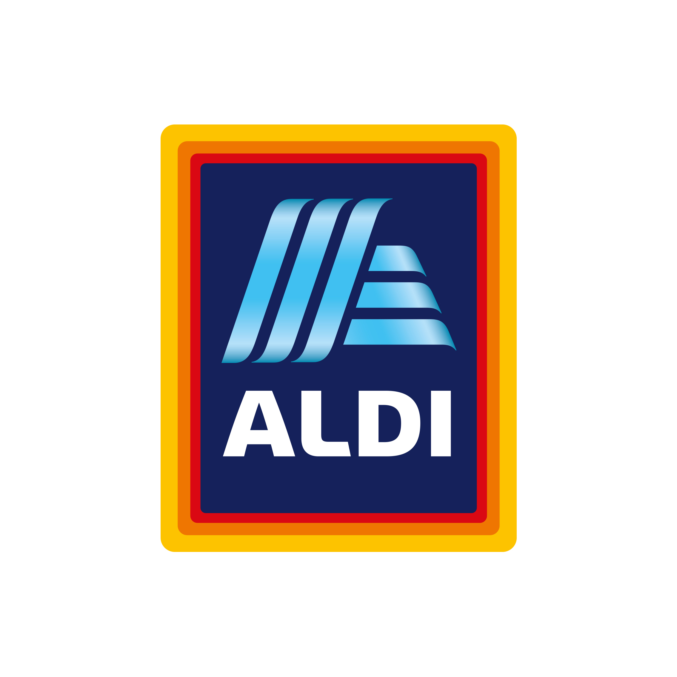 Logo of ALDI featuring stylized blue letters and stripes on a dark background, framed by red and yellow borders.
