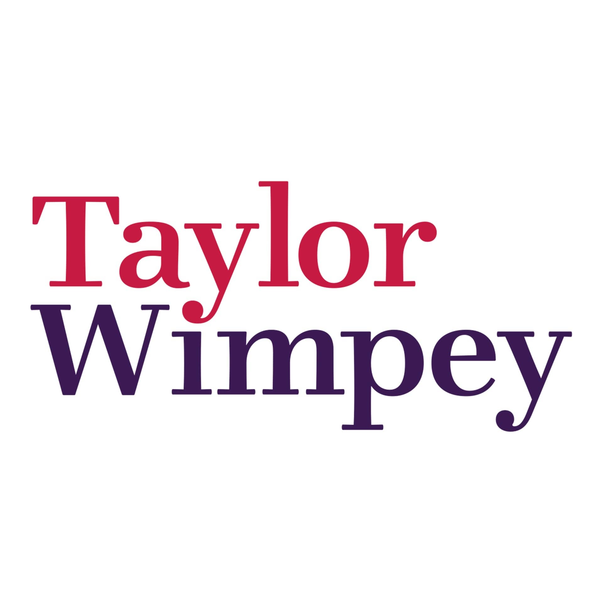 Logo of Taylor Wimpey, featuring the company name in bold red and purple letters on a white background.