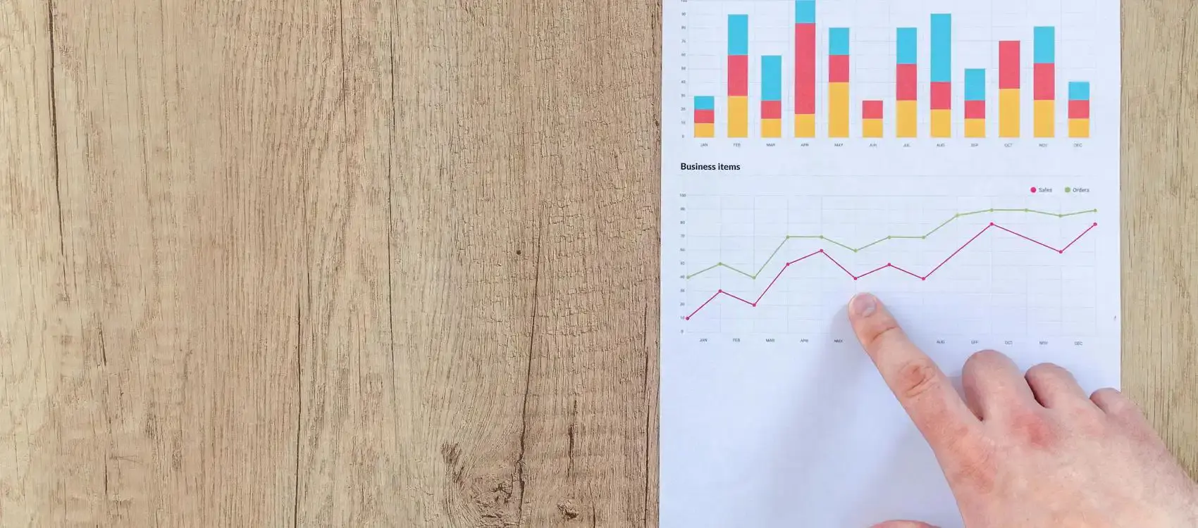 a hand points to a graph trending upwards on a sheet of paper. the paper is resting on a light wooden desk. 