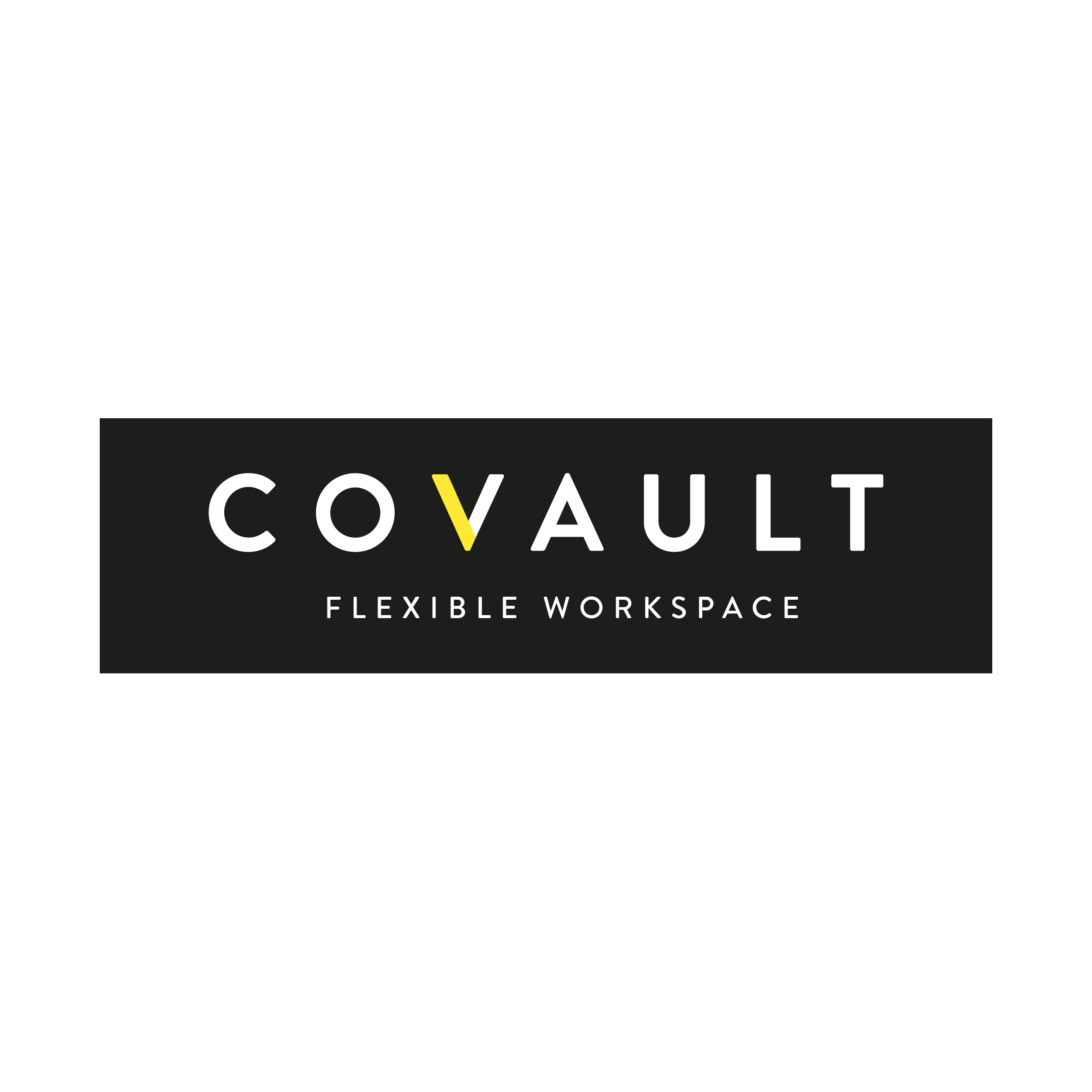 Logo for COVALT, featuring bold white text on a black background with a yellow "V" and the tagline "Flexible Workspace."