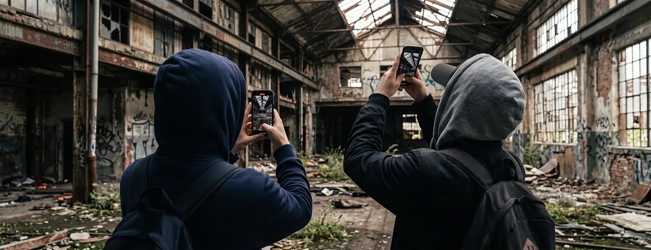 Two people using smartphones to film inside a derelict industrial warehouse with graffiti, broken windows, and debris.