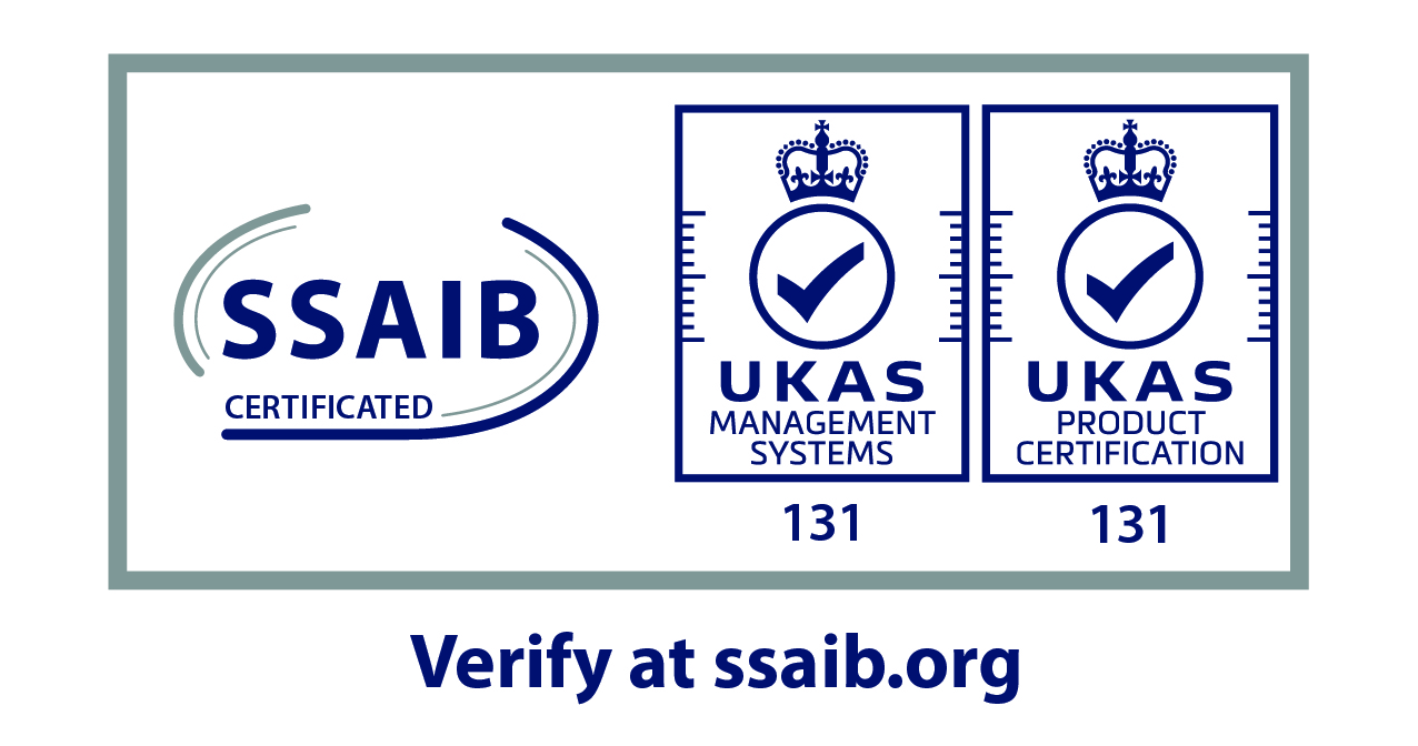 Logo displaying SSAIB certification, with UKAS Management and Product Certification marks. Includes verification link at ssaib.org.