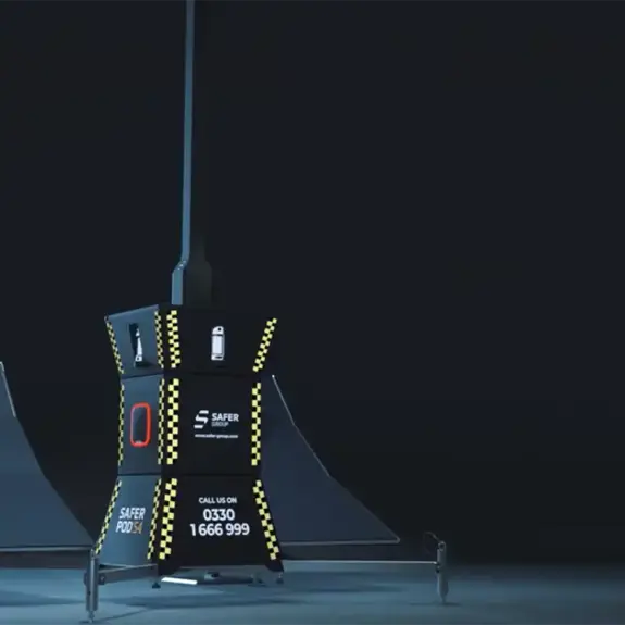A cgi rendering of a Safer POD S4 with solar panels left and right sits in front of a black background. 