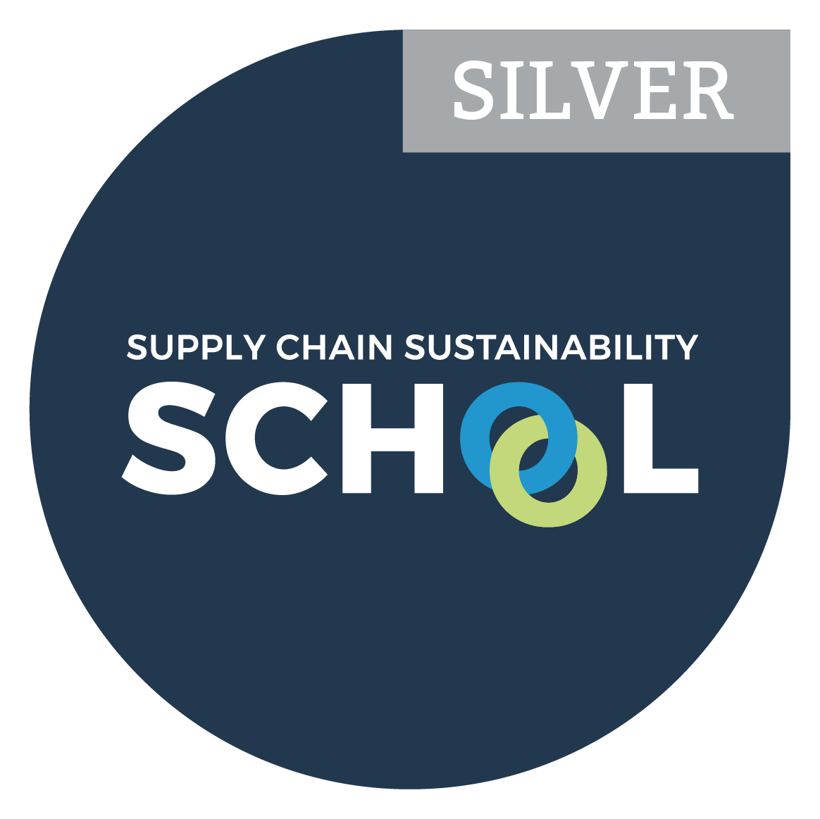 Logo featuring "Supply Chain Sustainability School" text, with interconnected rings and a silver badge indicating achievement.
