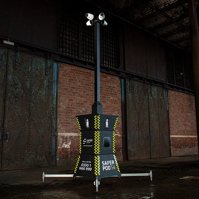 Safer POD S4 security device with CCTV mast in a warehouse.