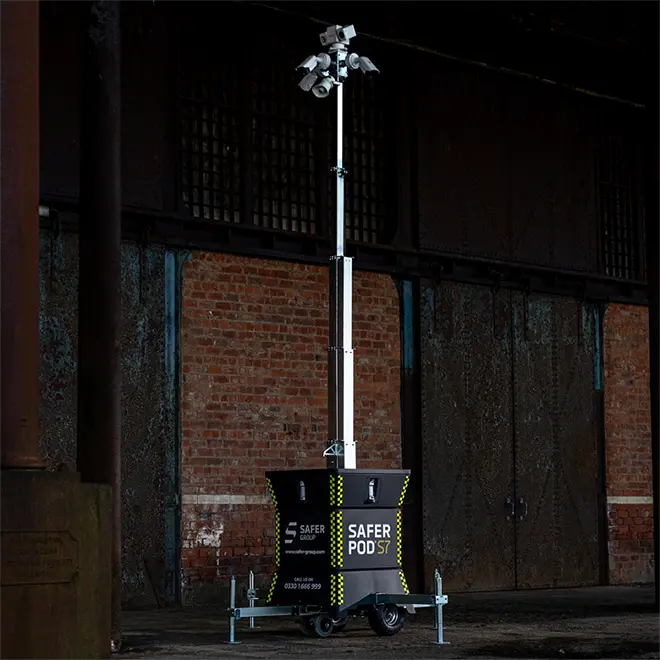 Safer POD S7 security tower with a tall CCTV mast.