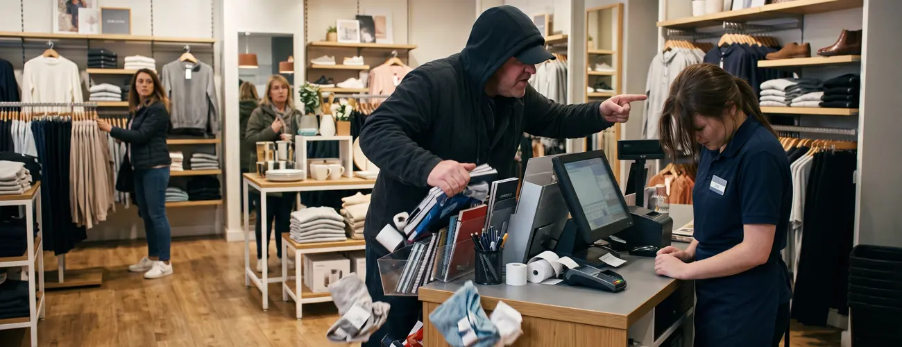 Man wearing a hood and baseball cap aggressively berating a retail worker behind the counter of a store.