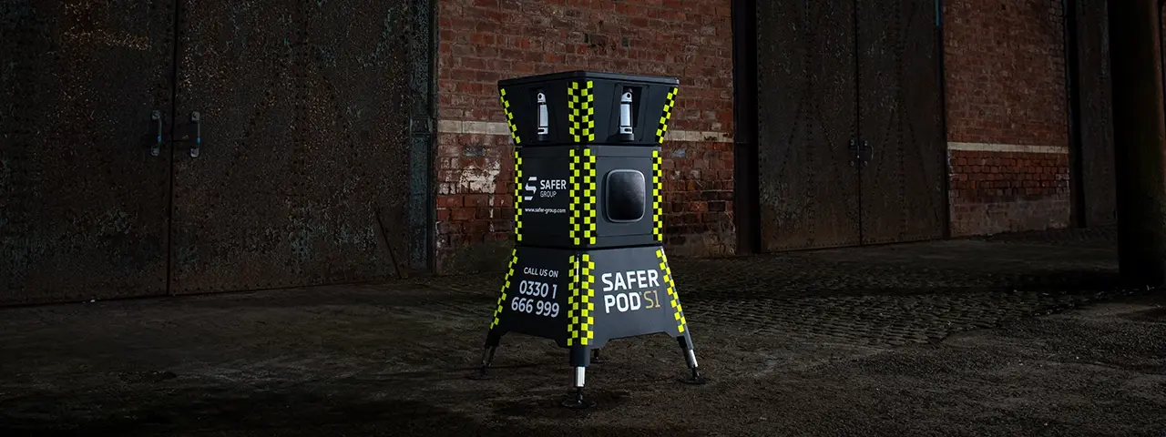 Safer POD S1 security device outside of a dark warehouse