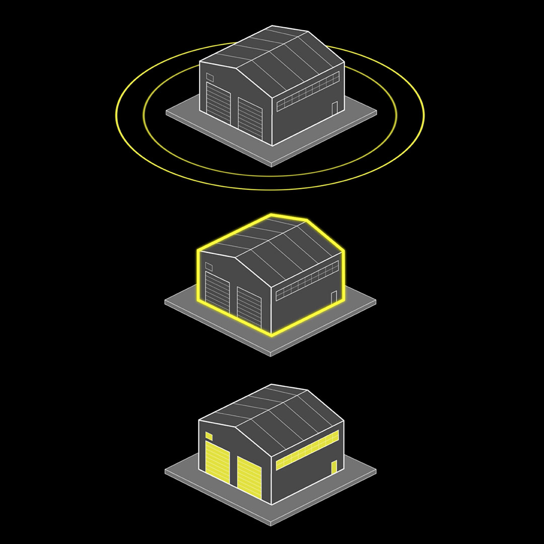 Isometric graphic showing security measures for the perimeter, external, and internal safety for a warehouse building.