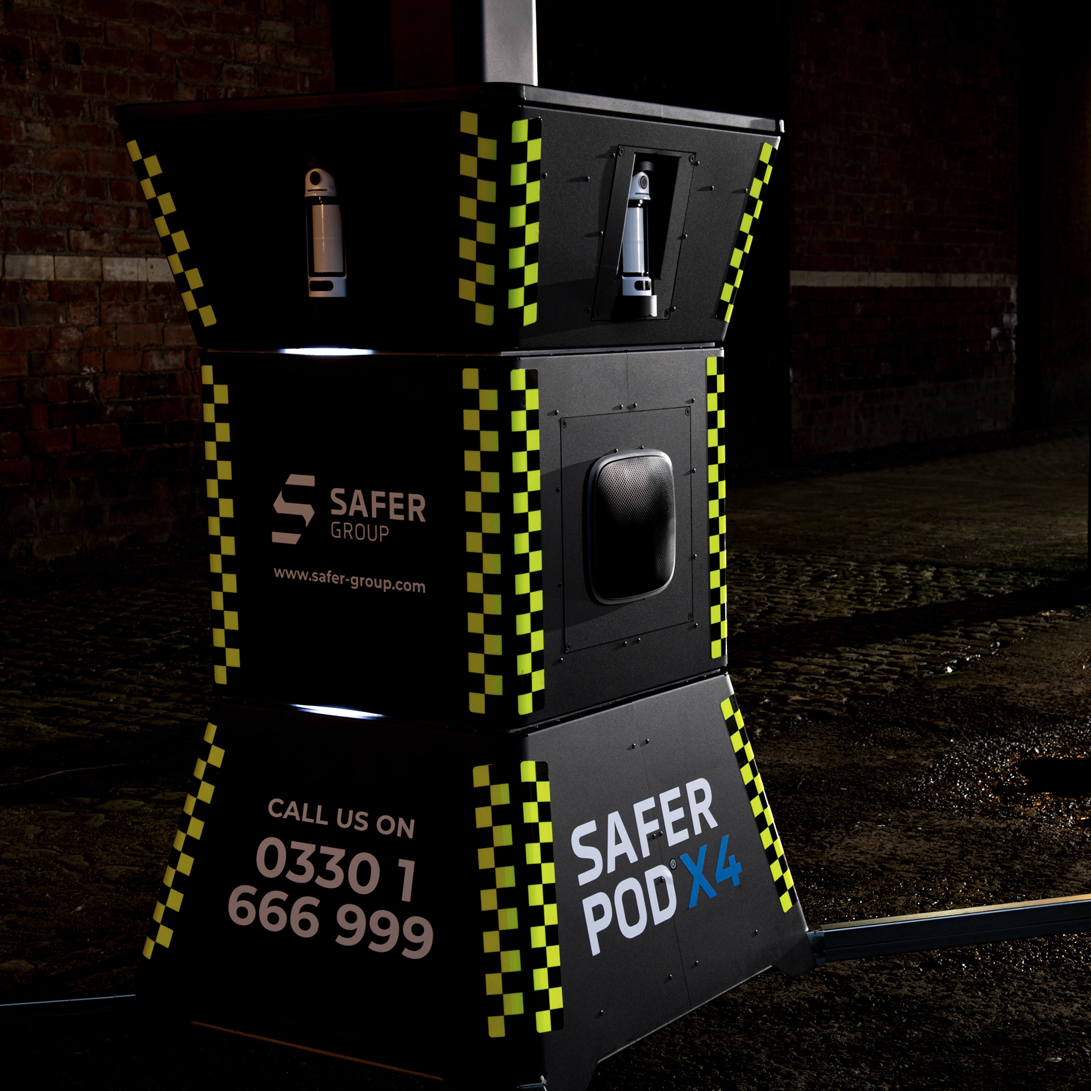 Close up of a Safer POD X4 with strobing white deterrence lights.