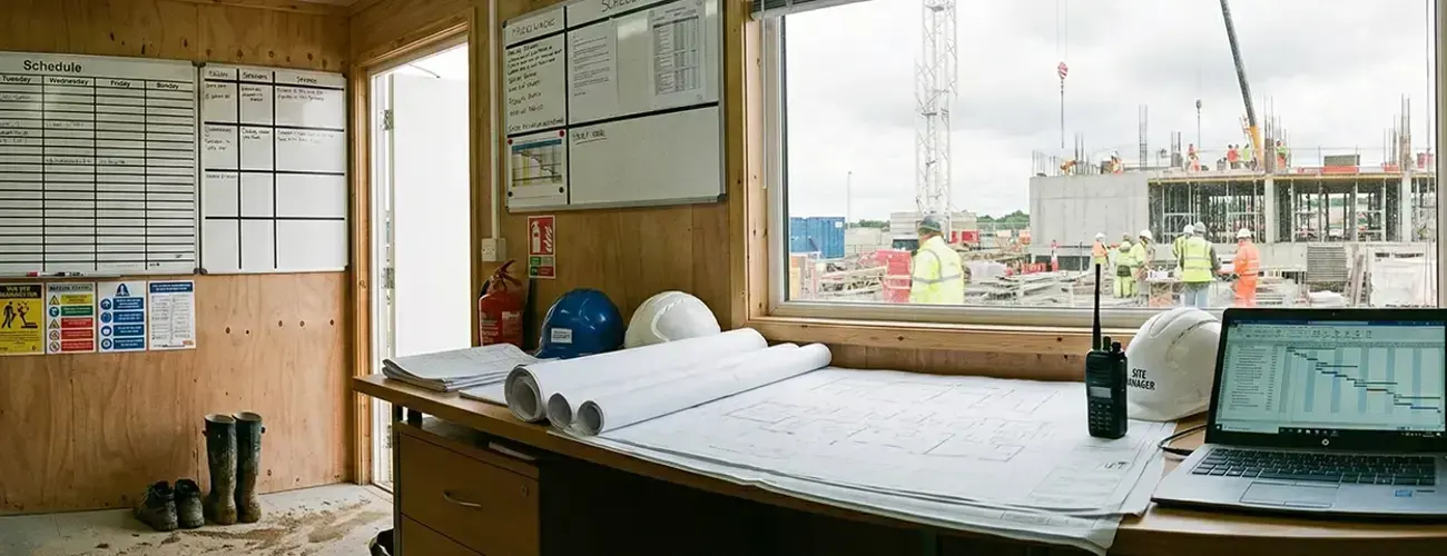 Inside of a Site Managers office, looking out onto a busy construction site. 