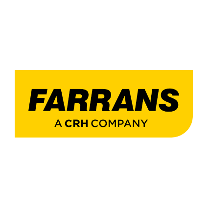 Logo of Farrans, a construction firm, with bold black text on a yellow background, and "A CRH Company" in smaller black letters below.