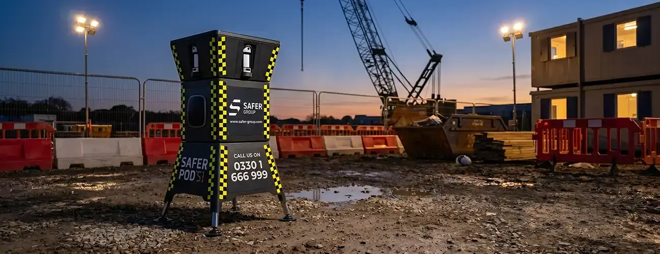 Safer POD S1 on a construction site, in front of heras fencing and security bollards.