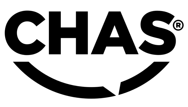 Logo of CHAS, with a minimalist black typeface with a semi circle connecting the C and S to spell CHAS.