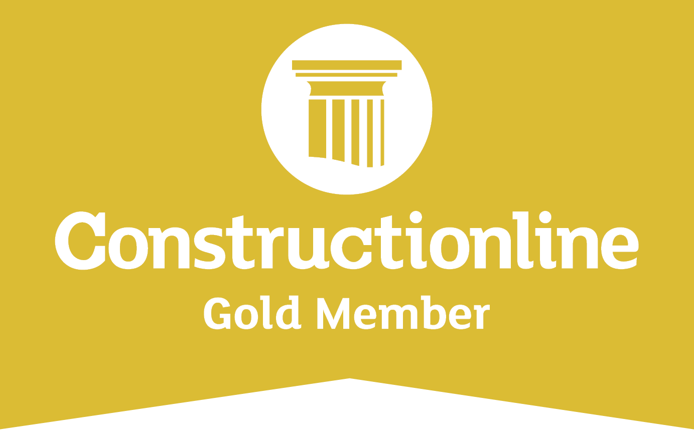 Logo for Constructionline Gold Member, featuring a white column icon on a gold background, with "Constructionline" prominently displayed.