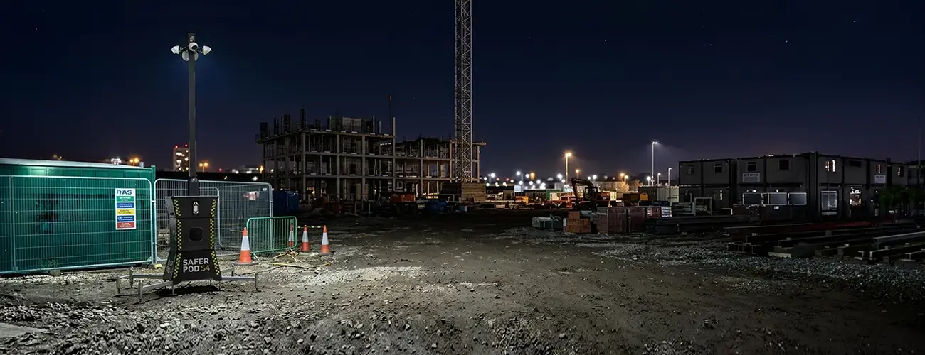 Safer POD S4 security device in front of heras fencing, on a construction site at night.