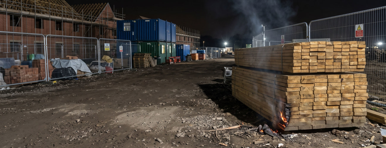 A load of timber on a construction site smouldering as it catches fire.