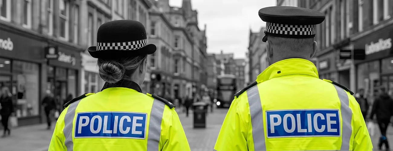 Two British police officers in uniform looking onto a busy high street.