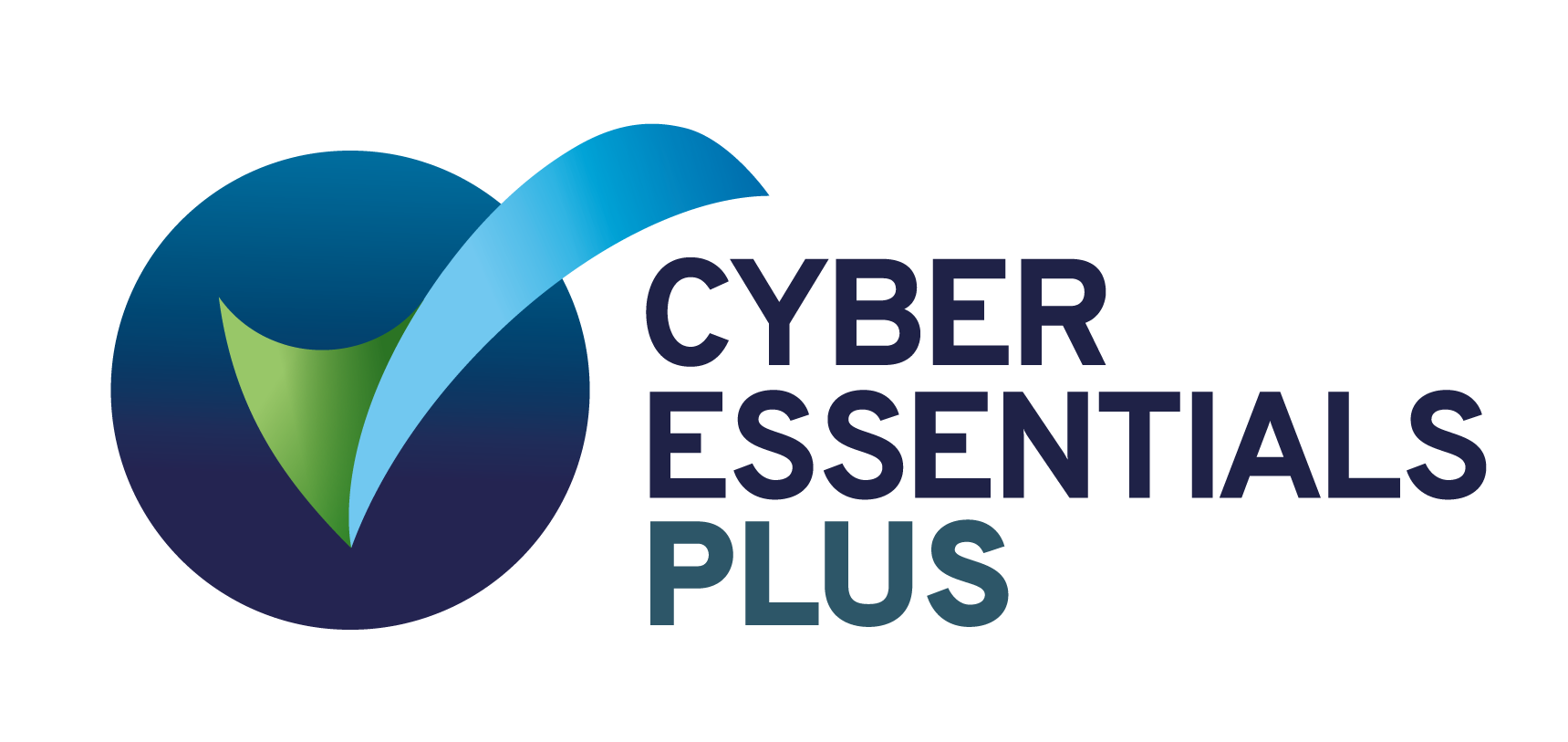 Logo featuring a blue and green circular design with a check mark, accompanied by the text "CYBER ESSENTIALS PLUS".