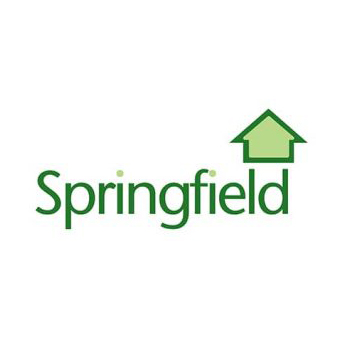 Logo of Springfield featuring the brand name in green with a stylized green house above the letters L and D.