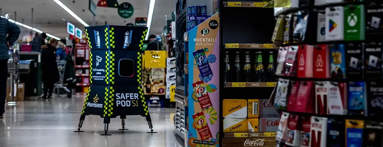 Safer POD S1 at the end of an aisle in a Morrisons shop.