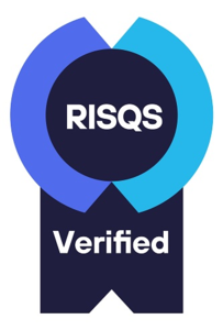 Logo displaying the "RISQS Verified" badge with a circular design in blue hues and a black ribbon at the bottom.