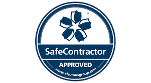 Blue circular logo featuring a flower emblem, with "SafeContractor APPROVED" text and a website URL at the bottom.