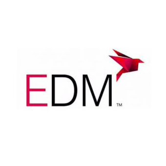 Logo of EDM featuring the letters "E", "D", "M" in black, accompanied by a red origami bird design beside the letter "M".
