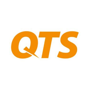 Logo of QTS in bold orange lettering, featuring a stylized arrow for the tail of the letter Q.