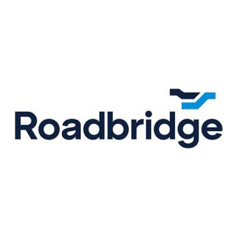Logo of Roadbridge, featuring bold navy text with a stylized blue icon above the letter G.